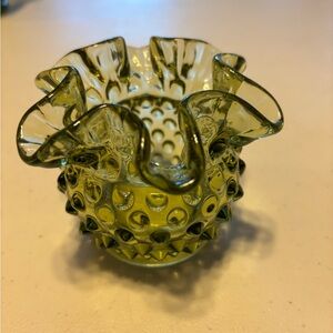 Green Glass Hobnail Vase has a a design on bottom